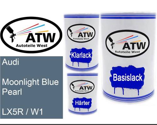 Audi, Moonlight Blue Pearl, LX5R / W1: 500ml Lackdose + 500ml Klarlack + 250ml Härter - Set, von ATW Autoteile West.